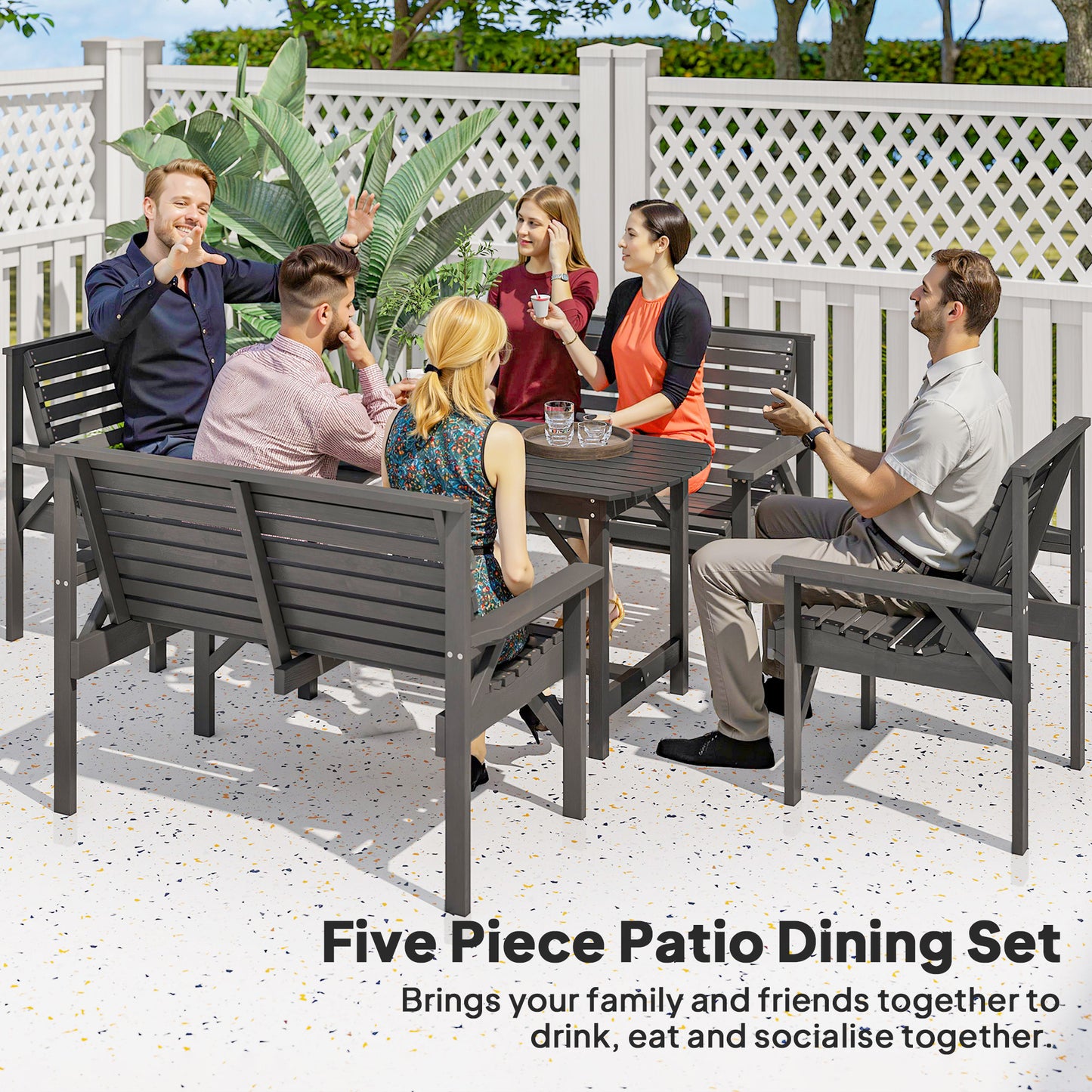 5PC Patio Dining Set Wooden Table and Chairs w/ Umbrella Hole Grey