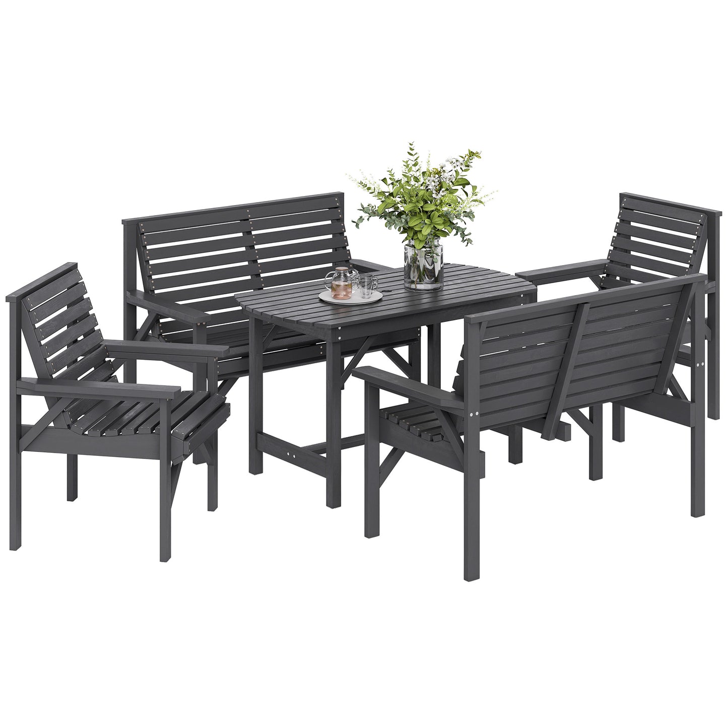 5PC Patio Dining Set Wooden Table and Chairs w/ Umbrella Hole Grey