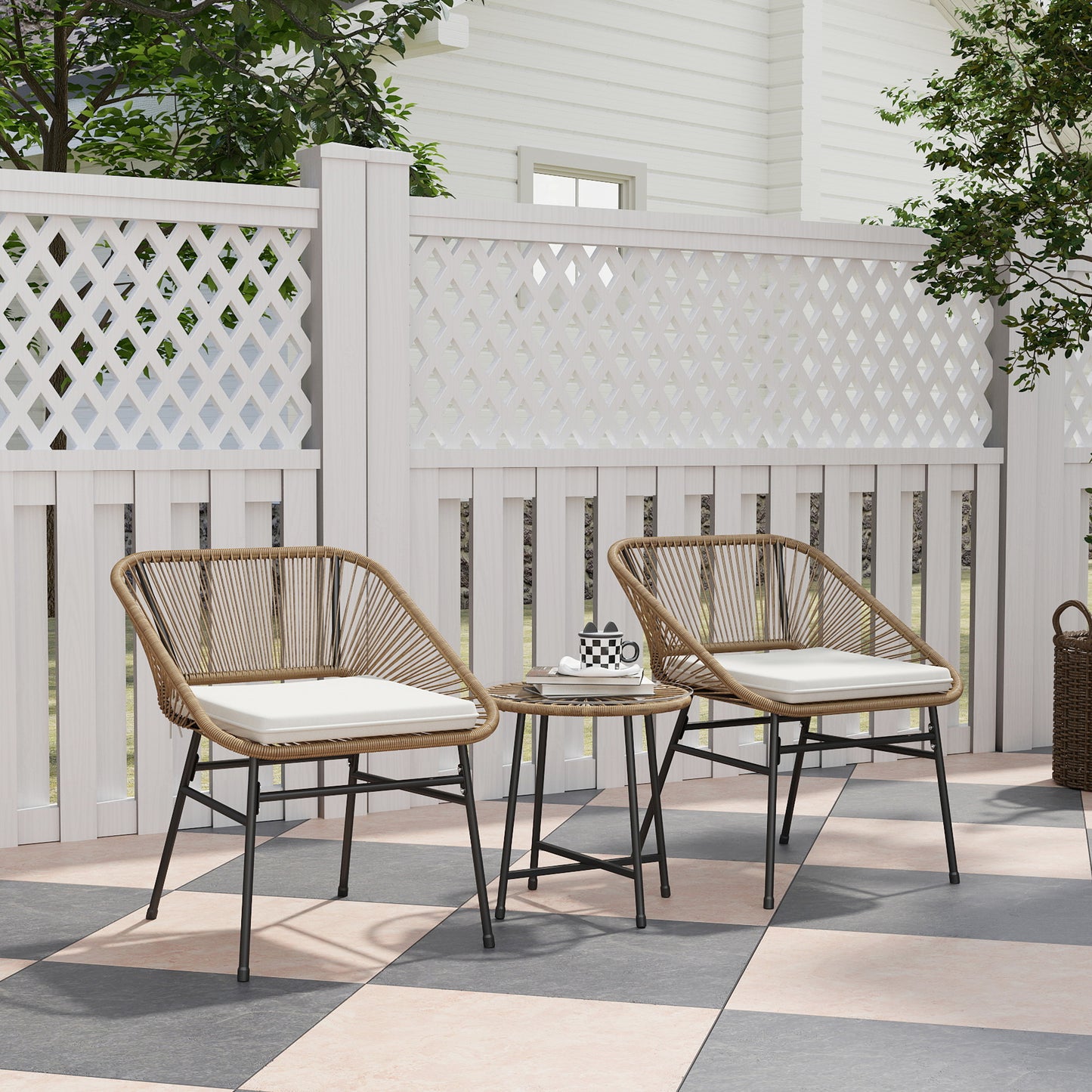 Rattan Bistro Set, Small Balcony Furniture with Cushion, Light Grey