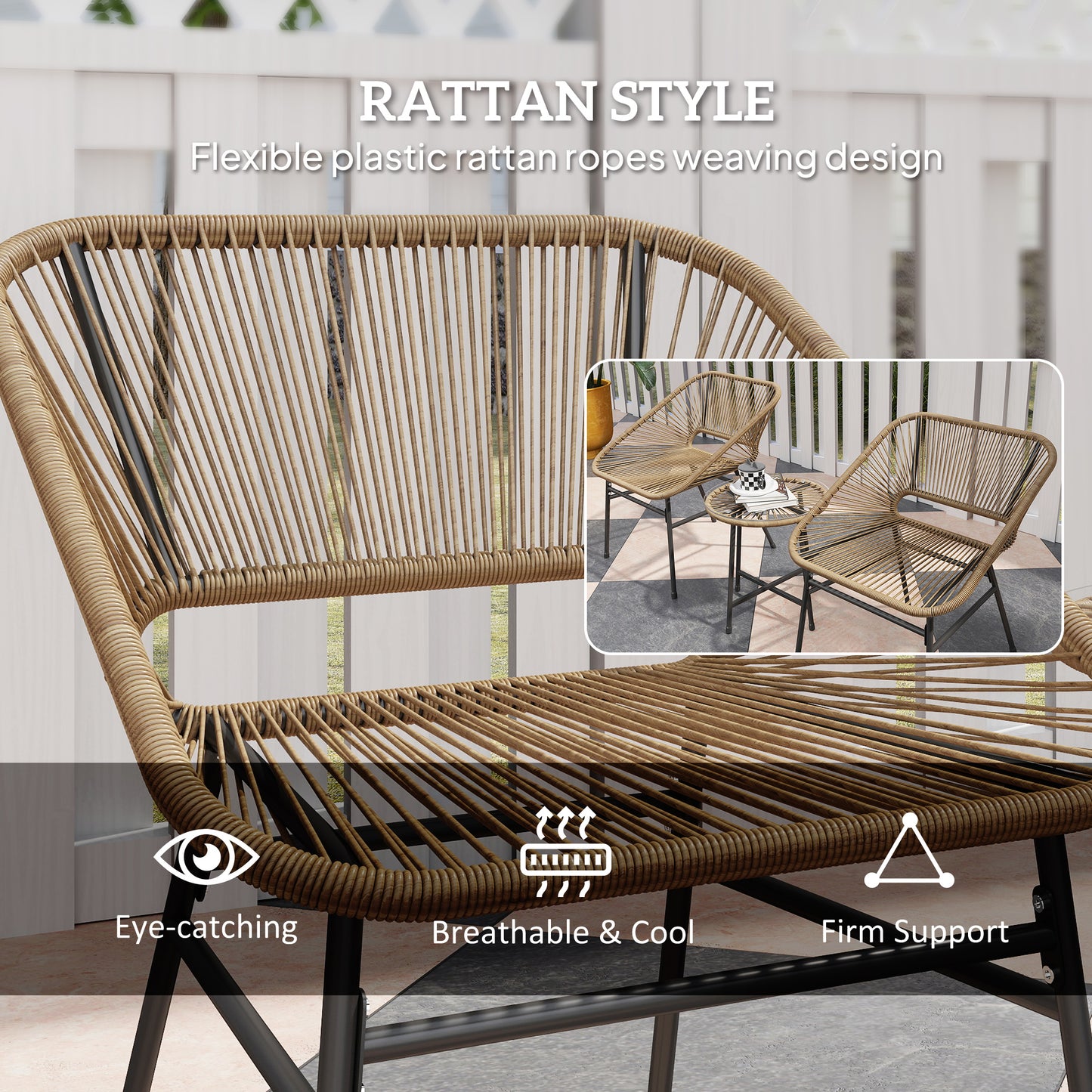 Rattan Bistro Set, Small Balcony Furniture with Cushion, Light Grey