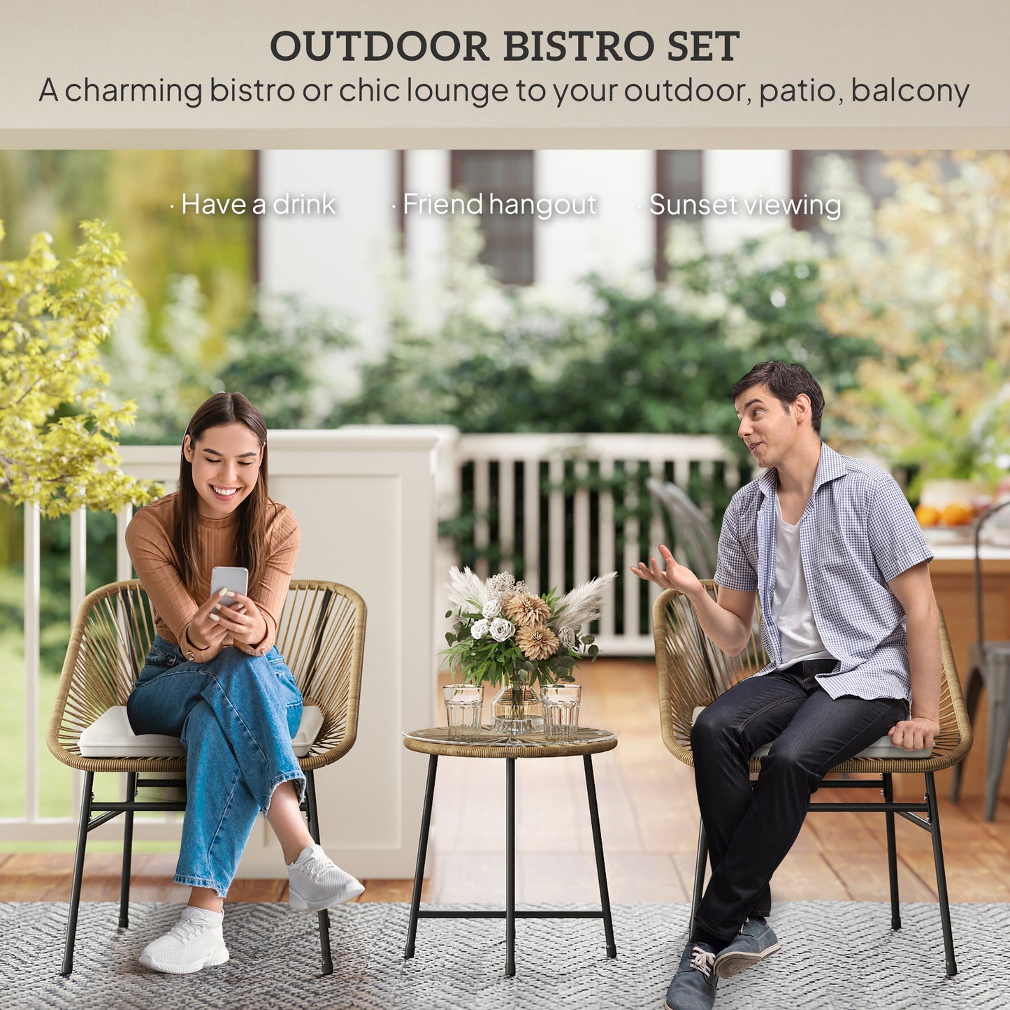 Rattan Bistro Set, Small Balcony Furniture with Cushion, Light Grey