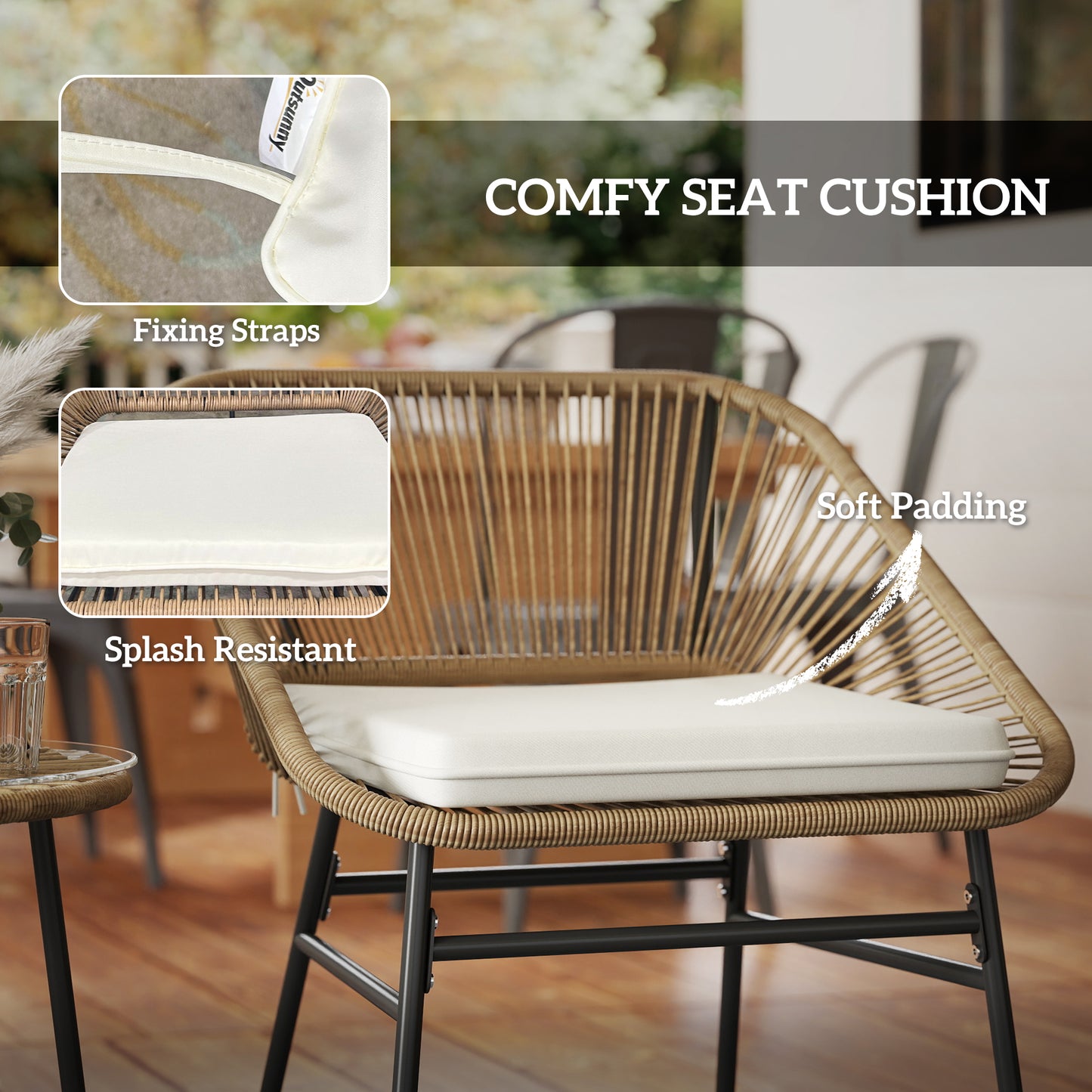 Rattan Bistro Set, Small Balcony Furniture with Cushion, Light Grey