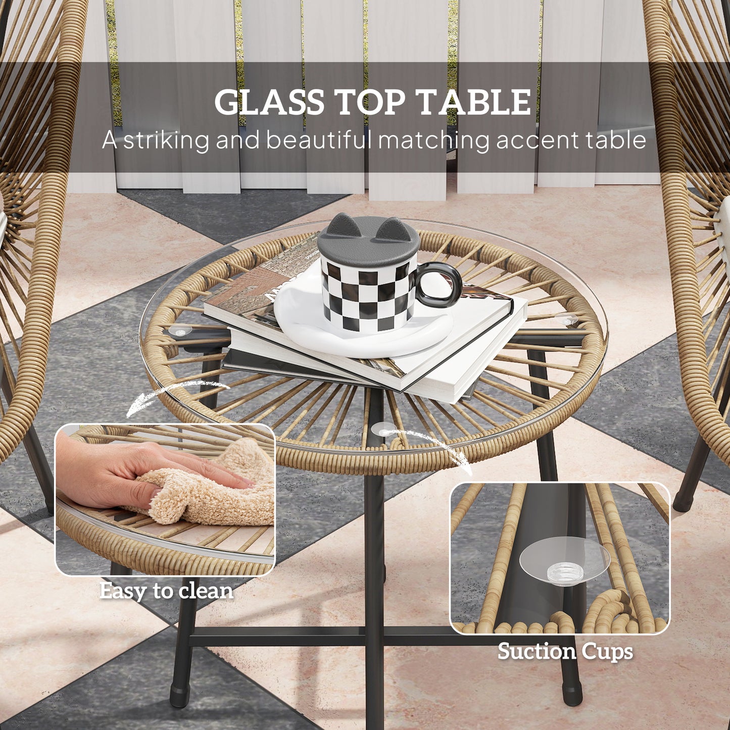 Rattan Bistro Set, Small Balcony Furniture with Cushion, Light Grey