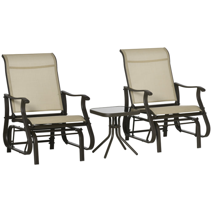 Set of 3 Gliding Chair & Tea Table Set, Outdoor Rocker Set with 2 Armchairs, Tempered Glass Tabletop, Khaki