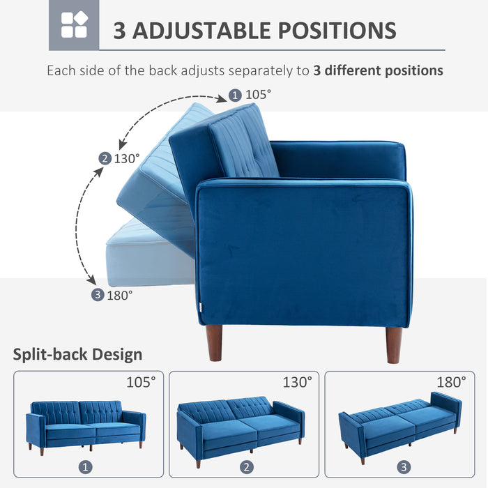 Modern Convertible Sofa Futon Velvet-Touch Tufted Couch Compact Loveseat with Adjustable Split Back, Blue