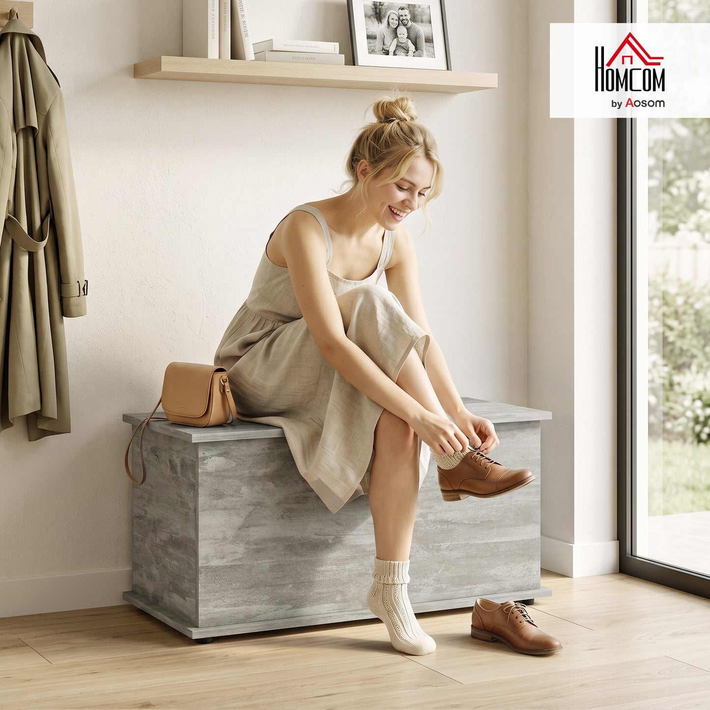 Storage Chest with Safety Hinged Lid, 102L Storage Box, Grey