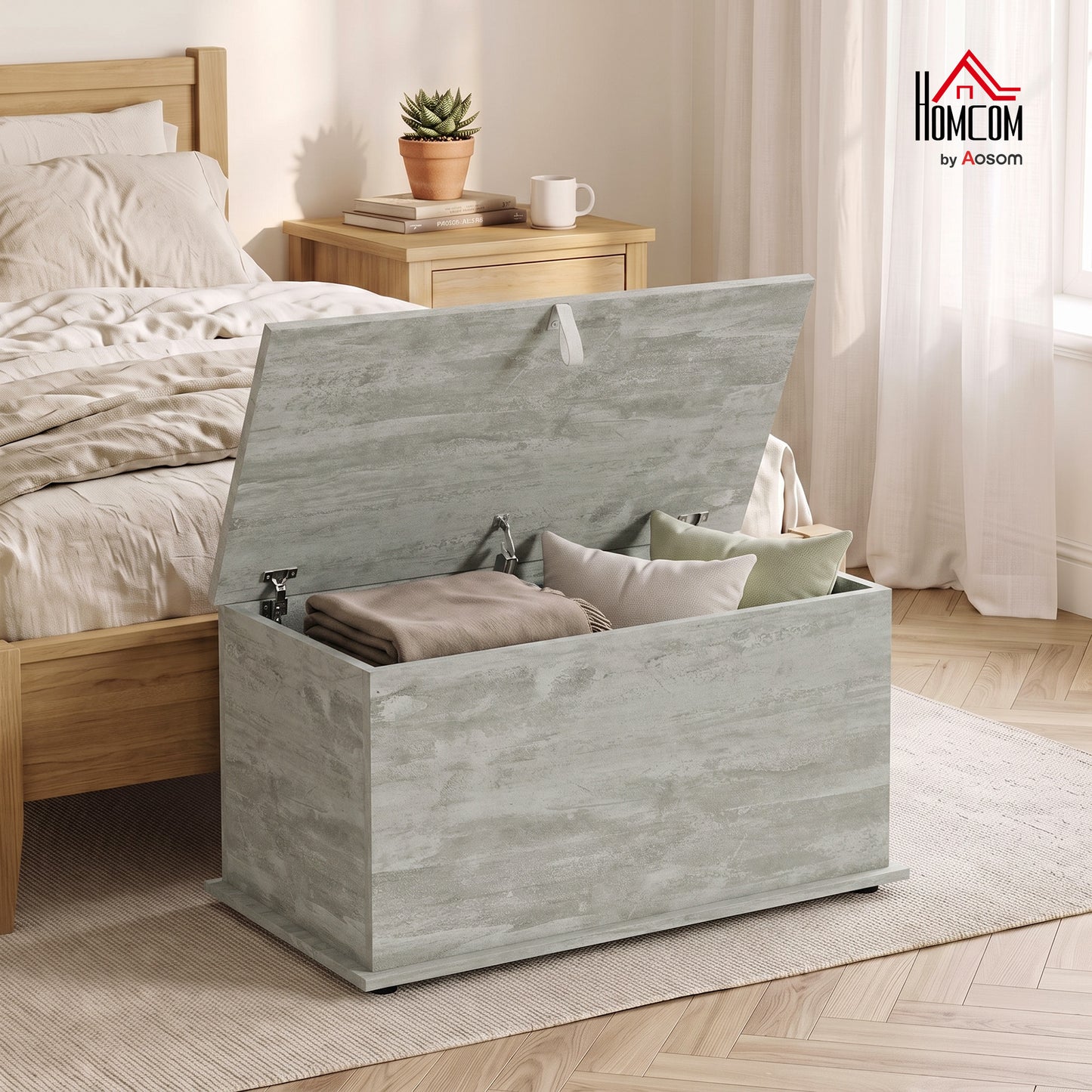 Storage Chest with Safety Hinged Lid, 102L Storage Box, Grey