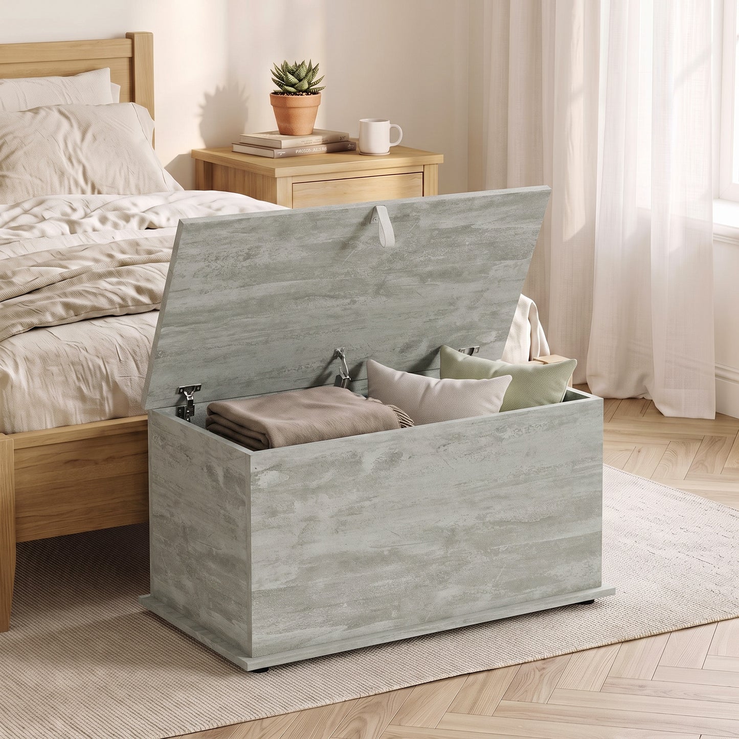 Storage Chest with Safety Hinged Lid, 102L Storage Box, Grey