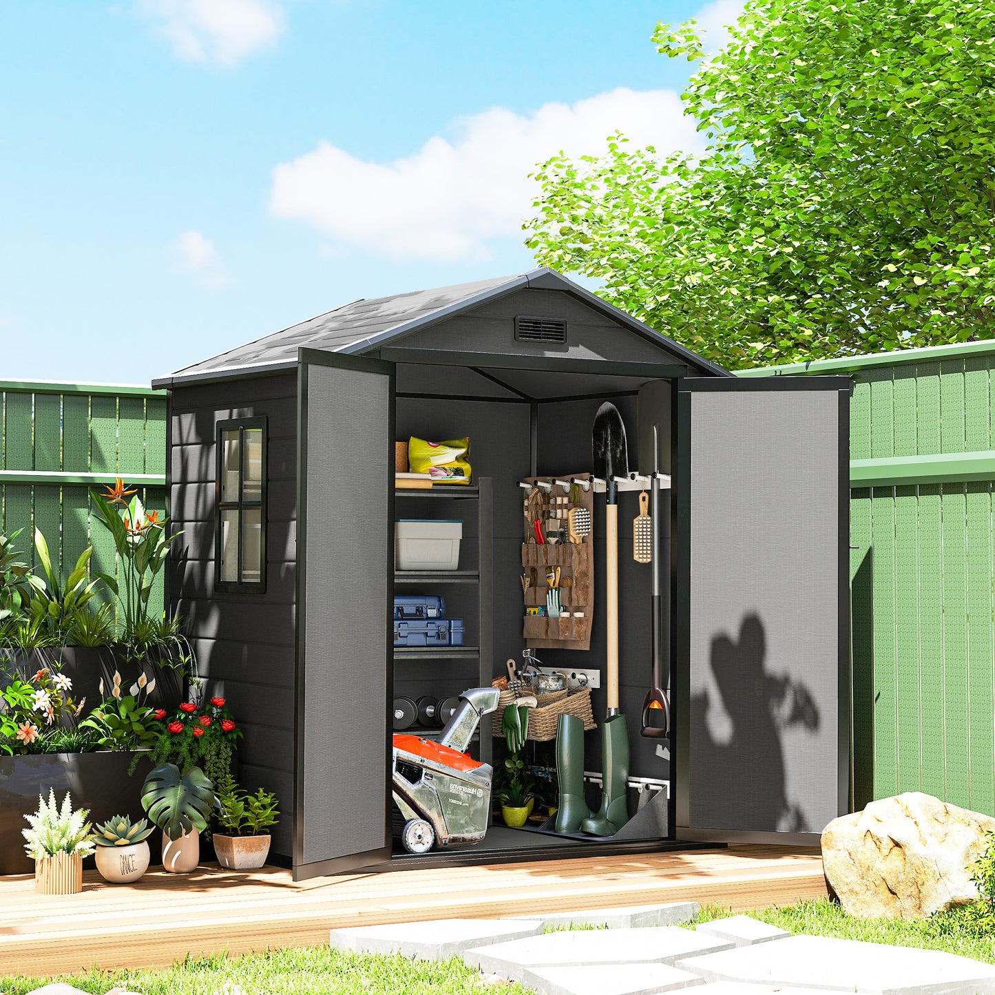 6 x 4.5FT Plastic Garden Shed with Floor, All Weather Resin Outdoor Storage Shed, Lockable Tool Storage with Window, Vent and Pent Roof for Patio Lawn, Dark Grey