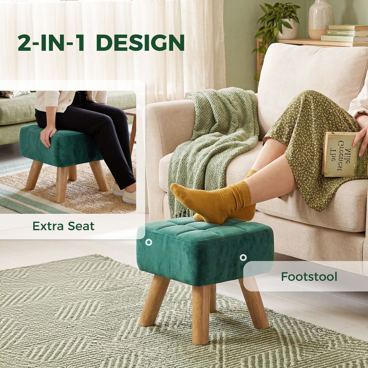 Modern Footstool, Fabric Foot Rest with Rubber Wood Legs, Dark Green