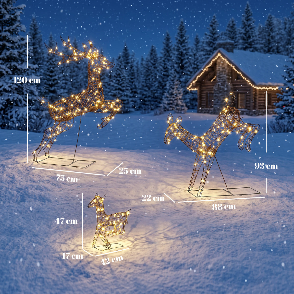 3-Piece Light Up Deer Family Set of 3 with 200 LED Lights, Brown