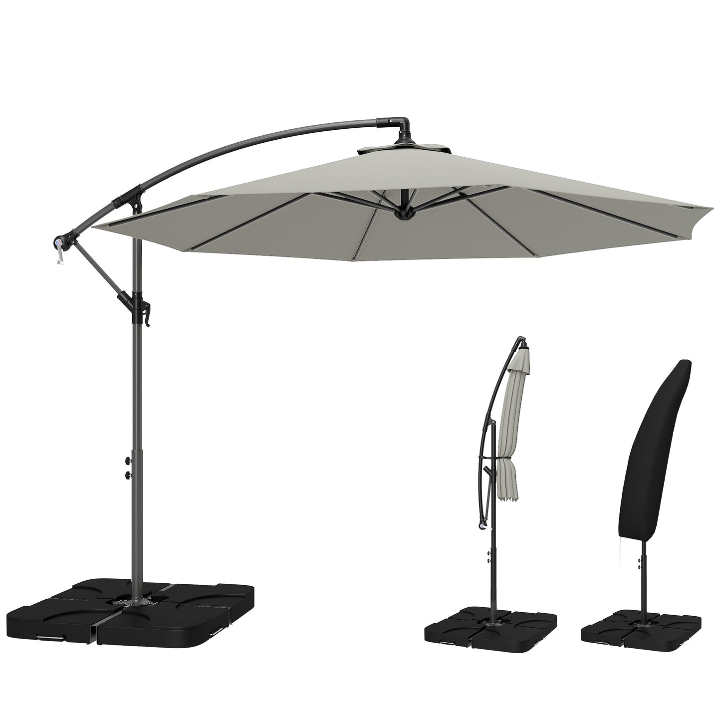 3(m) Banana Parasol Cantilever Umbrella Garden w/ Base Weights - Light Grey