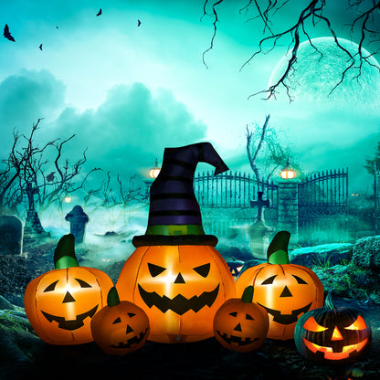 6' Inflatable Halloween Large Pumpkin in Hat w/ Four Small Pumpkin LED
