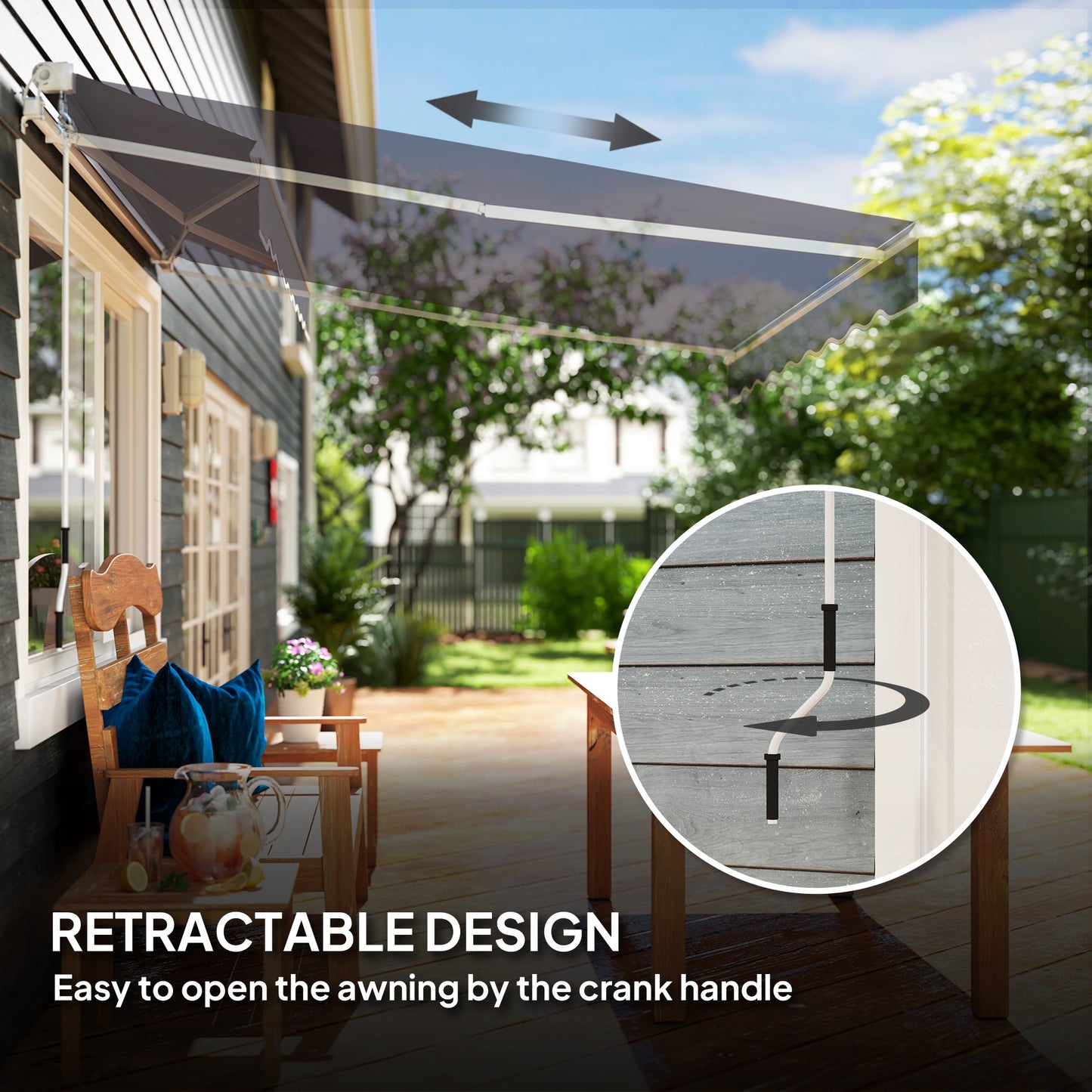 Garden Sun Shade Canopy Retractable Awning, 2.5 x 2m, Dark Grey