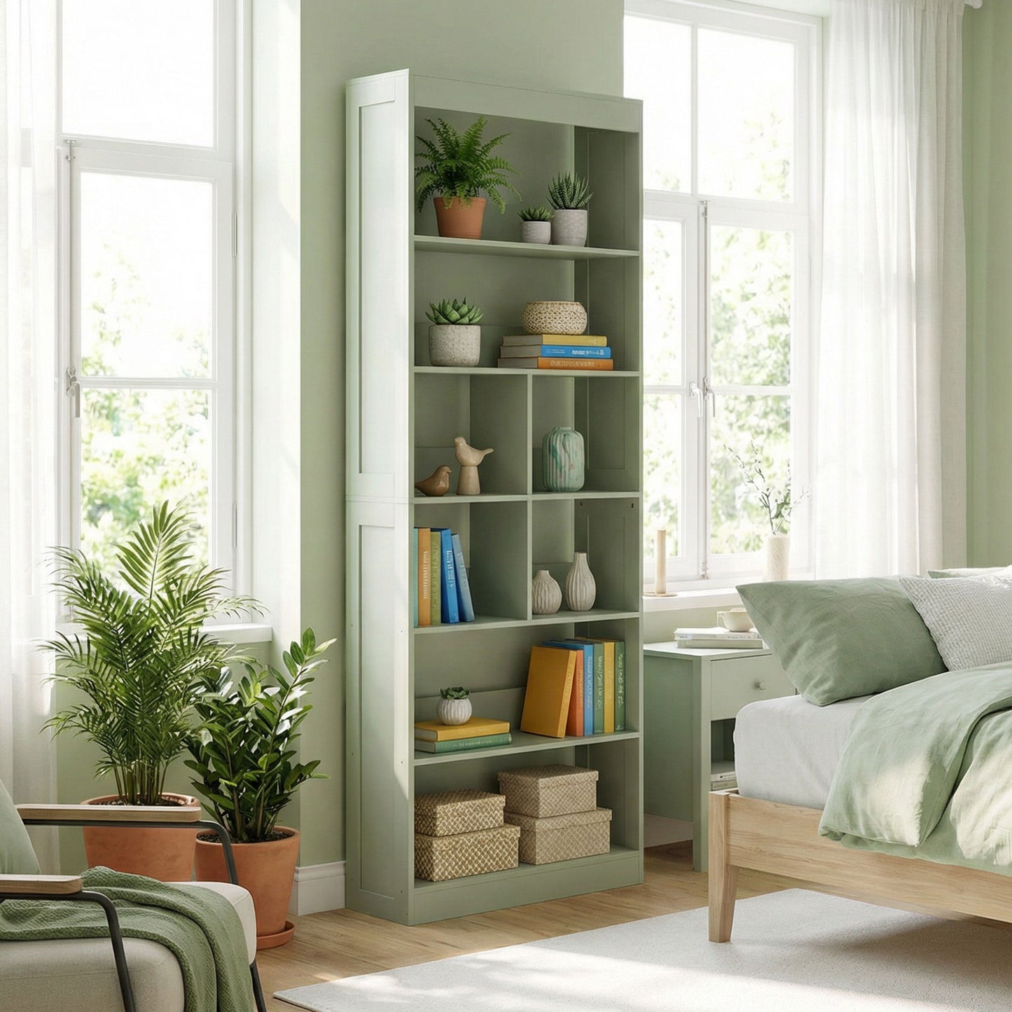 Bookcase, 6-Tier Bookshelf with 4 Open Storage Shelves, 4 Cubes, 68 x 24 x 180 cm Tall Display Shelf with Anti-Tipping Design for Living Room, Bedroom, Study, Green