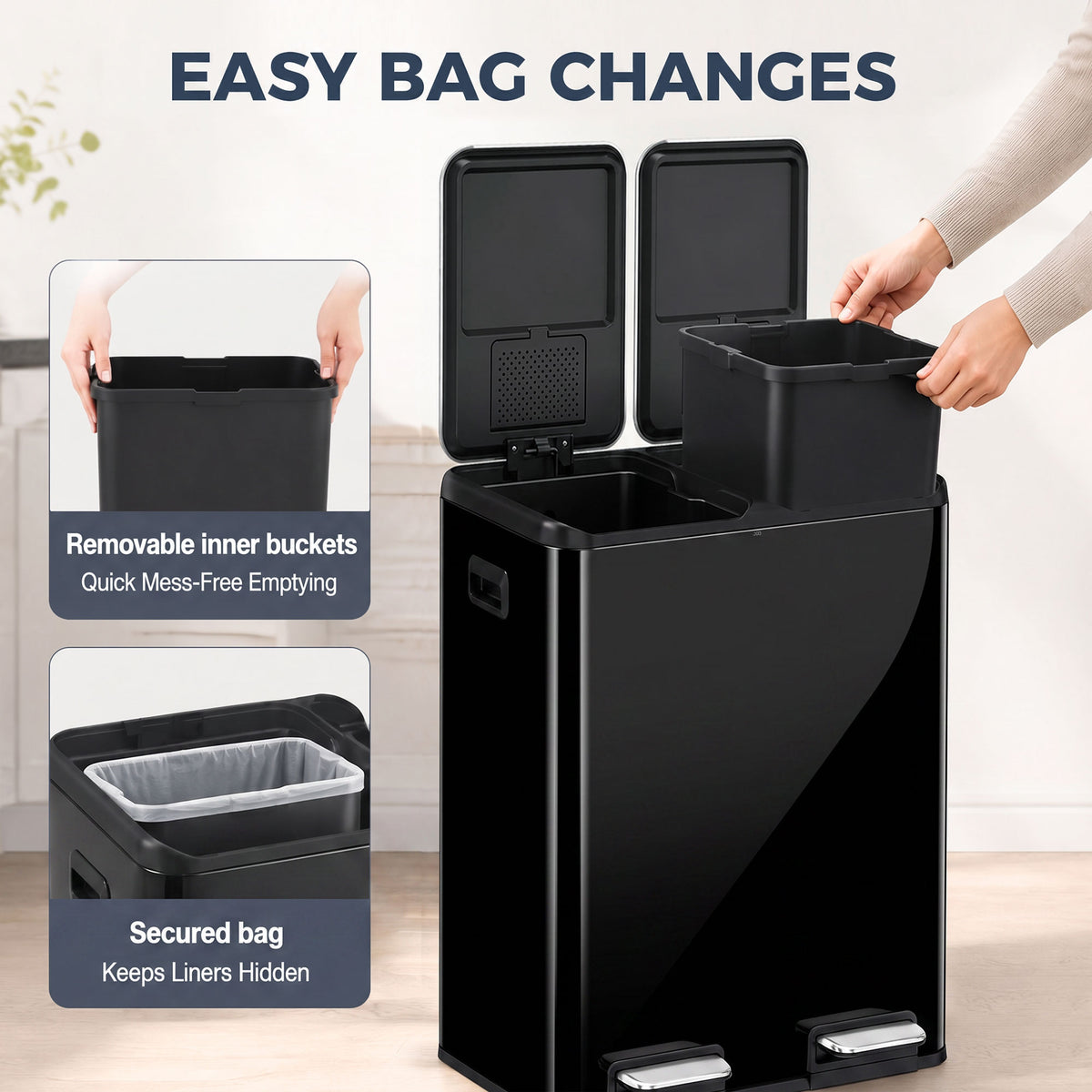2x30L Kitchen Bin, Stainless Steel Recycling Bin, High Gloss Black