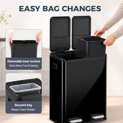2x30L Kitchen Bin, Stainless Steel Recycling Bin, High Gloss Black