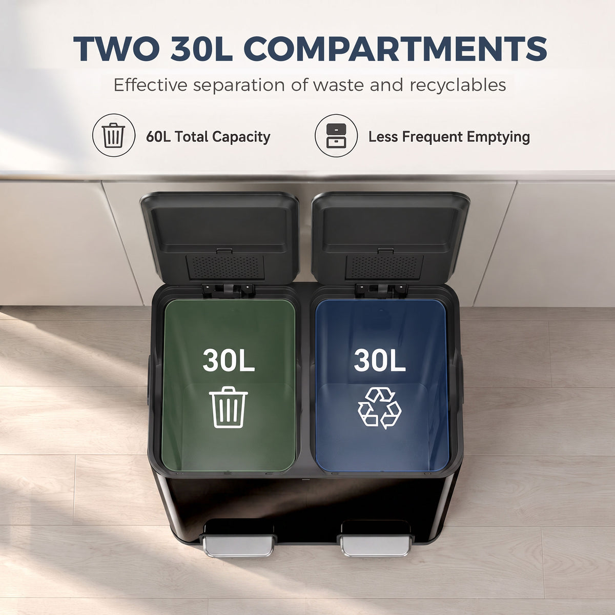 2x30L Kitchen Bin, Stainless Steel Recycling Bin, High Gloss Black