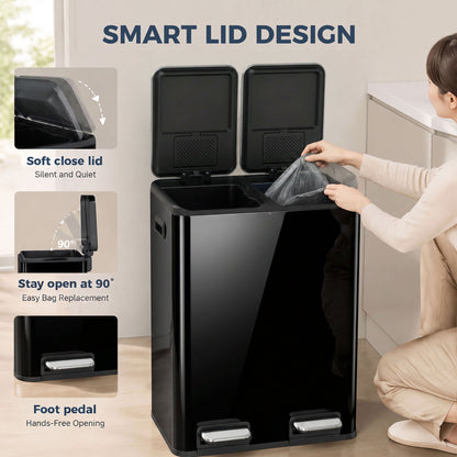 2x30L Kitchen Bin, Stainless Steel Recycling Bin, High Gloss Black