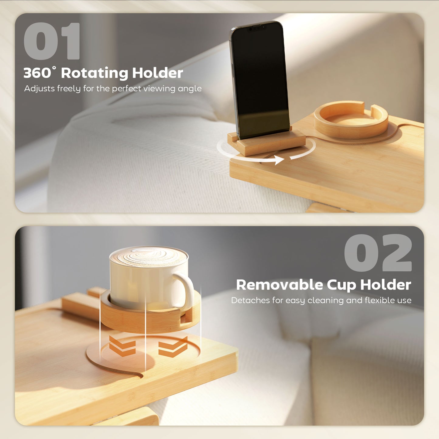 Anti-Slip Sofa Armrest Tray with Phone and Cup Holder, Natural