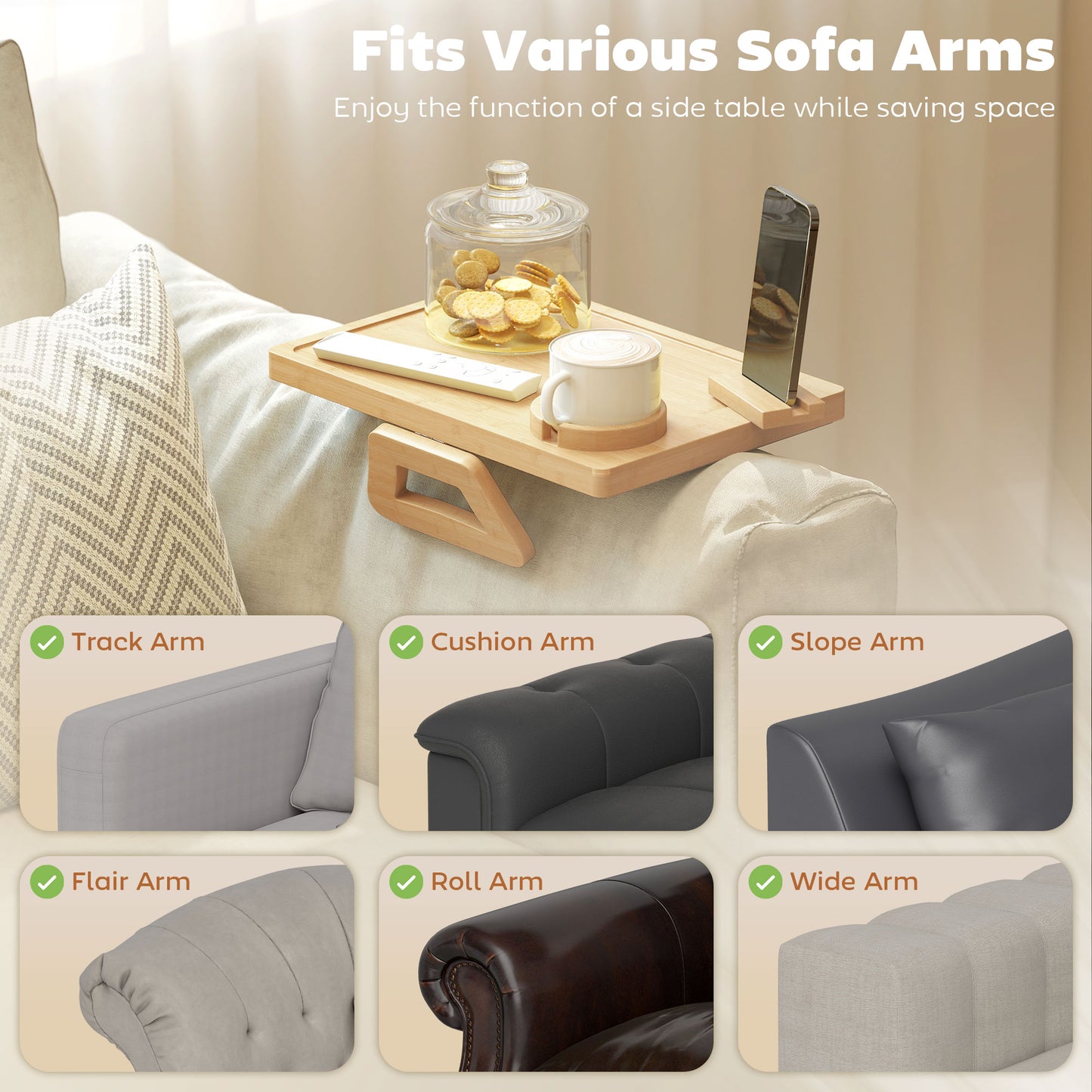 Anti-Slip Sofa Armrest Tray with Phone and Cup Holder, Natural