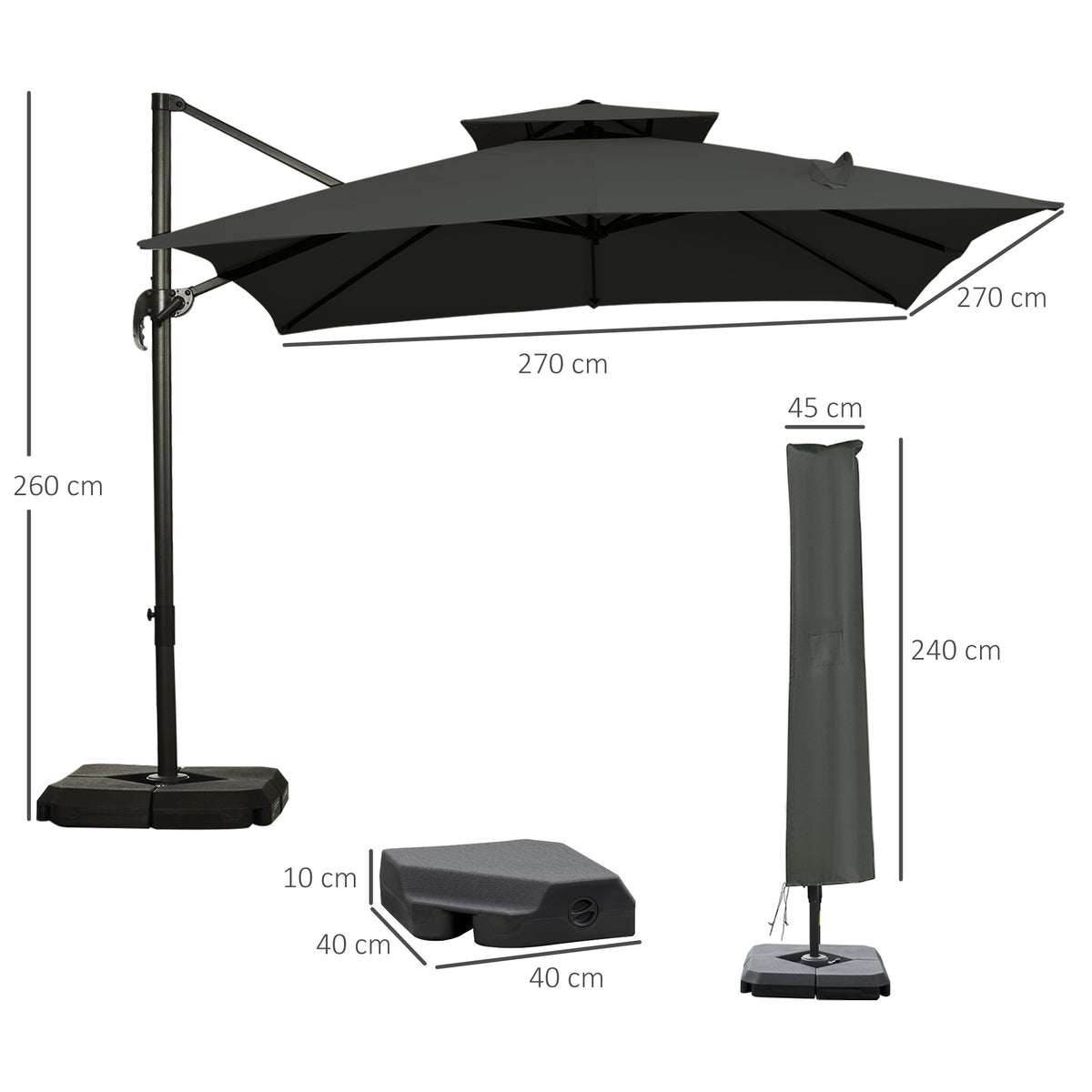 Cantilever Garden Parasol with Tilt, Rotation, Fillable Base Weights and Cover - Dark Grey