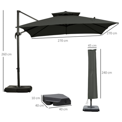 Cantilever Garden Parasol with Tilt, Rotation, Fillable Base Weights and Cover - Dark Grey