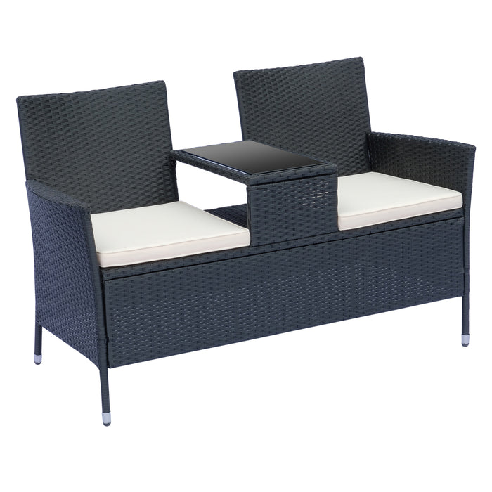 2 Seater Rattan Campanion Chair Wicker Loveseat Outdoor Patio Armchair with Drink Table Garden Furniture - Black