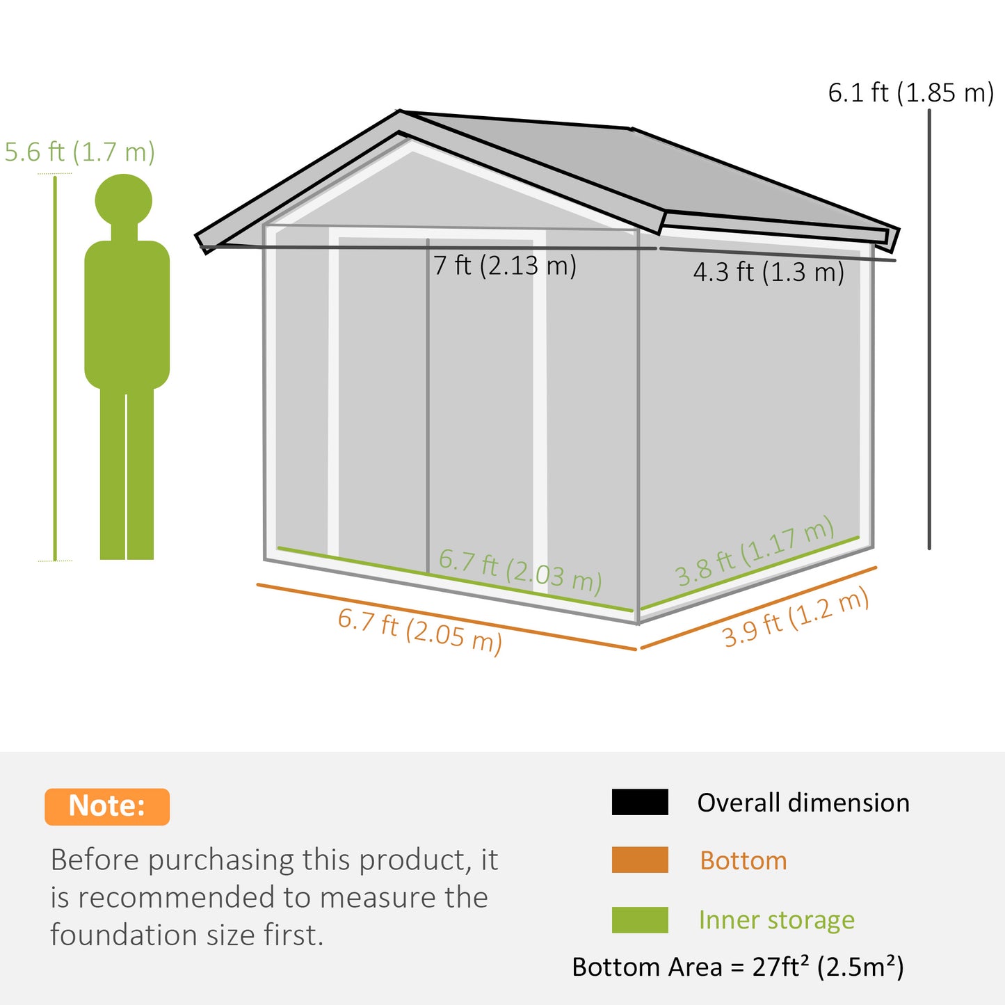 7 x 4ft Garden Shed Storage with Foundation Kit and Vents Light Green