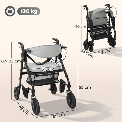 2-in-1 Mobility Walker with Seat, Foldable Rollator with Footrests