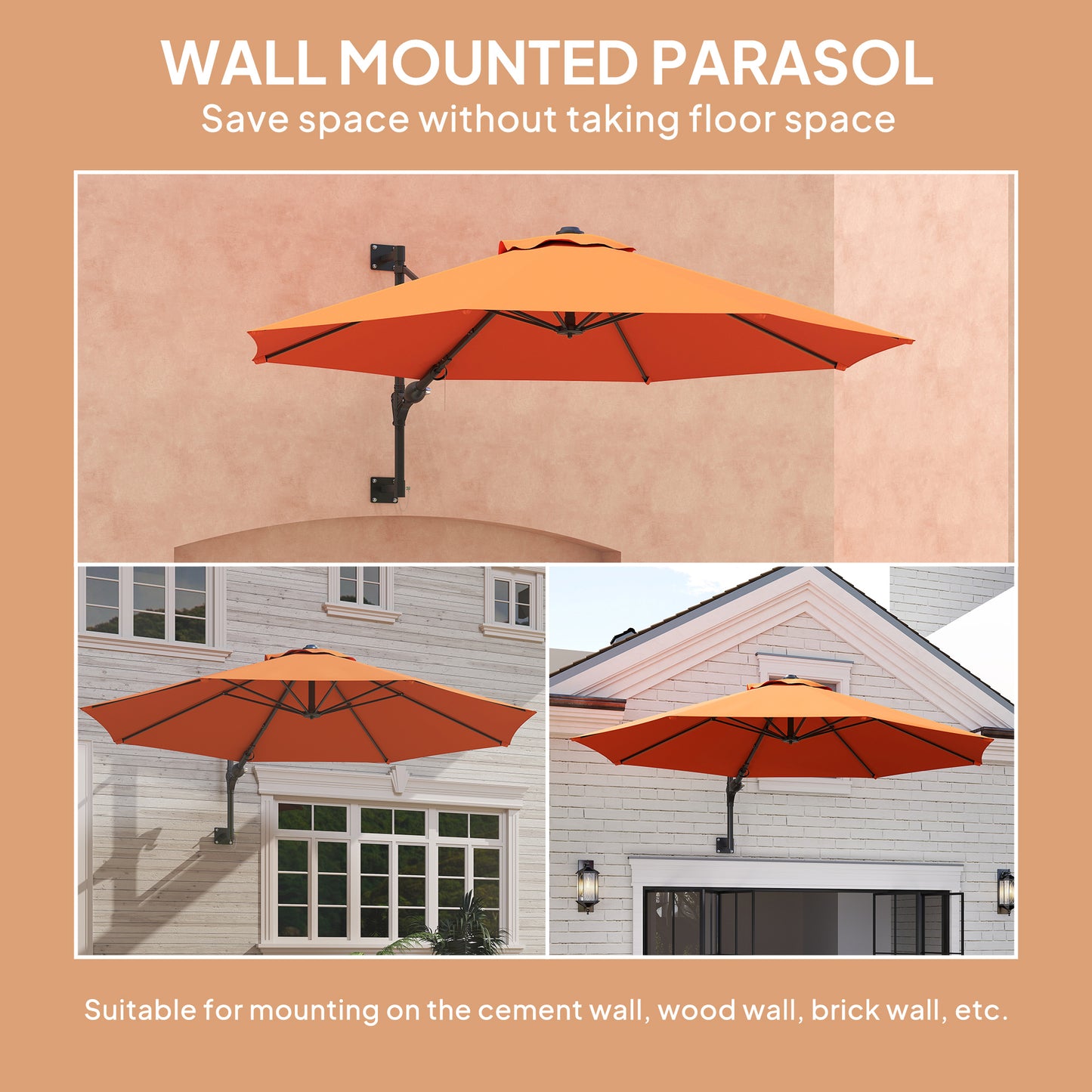 Sun Parasol with Vent, Wall Umbrella for Patio, Garden, Orange