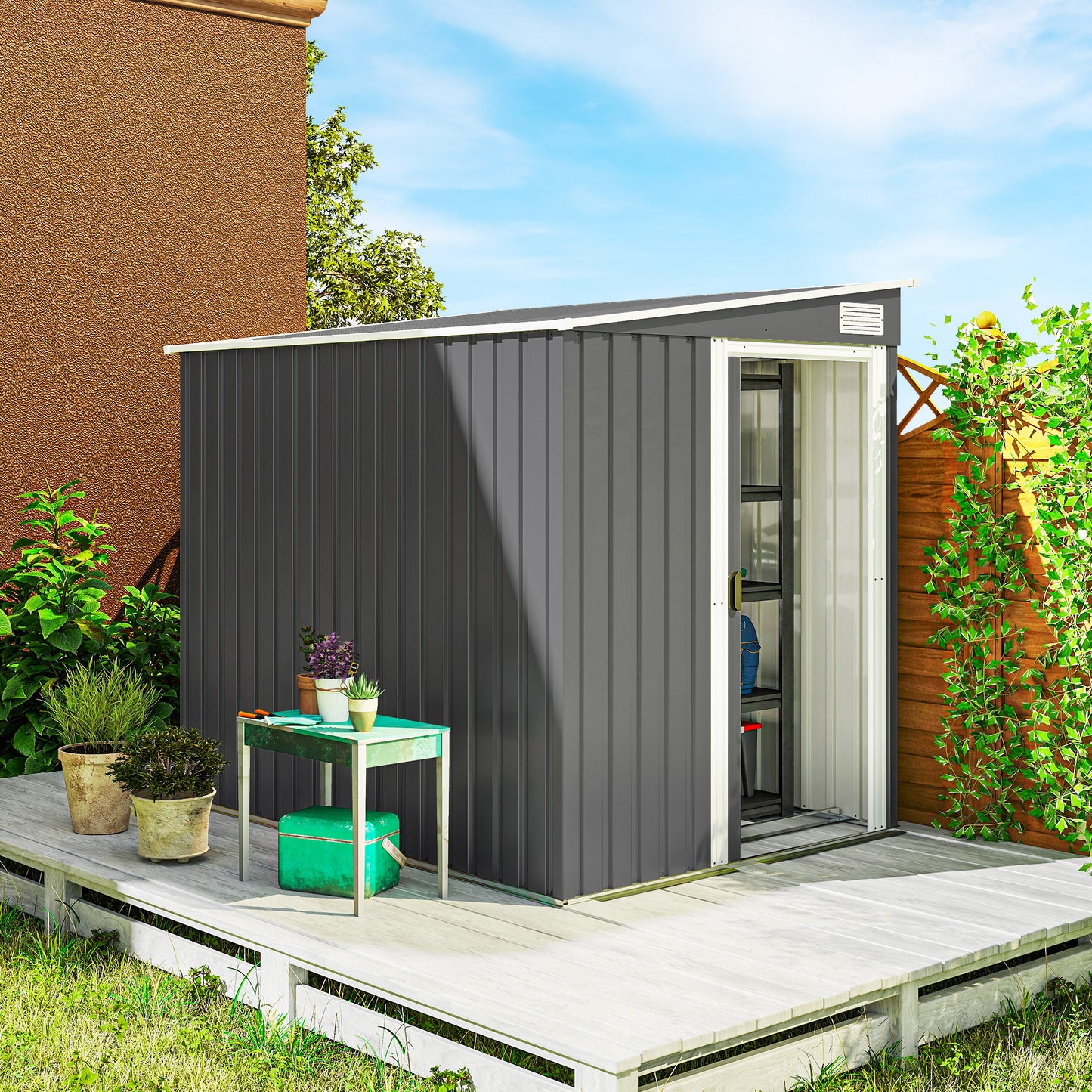 7 x 5FT Galvanised Metal Garden Shed with Foundation, Lean to Shed, Tool Storage House with Sliding Doors, 2 Vents, Adjustable Shelves and Hooks, Dark Grey