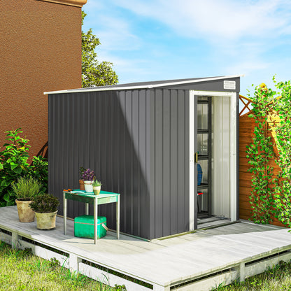 7 x 5FT Galvanised Metal Garden Shed with Foundation, Lean to Shed, Tool Storage House with Sliding Doors, 2 Vents, Adjustable Shelves and Hooks, Dark Grey