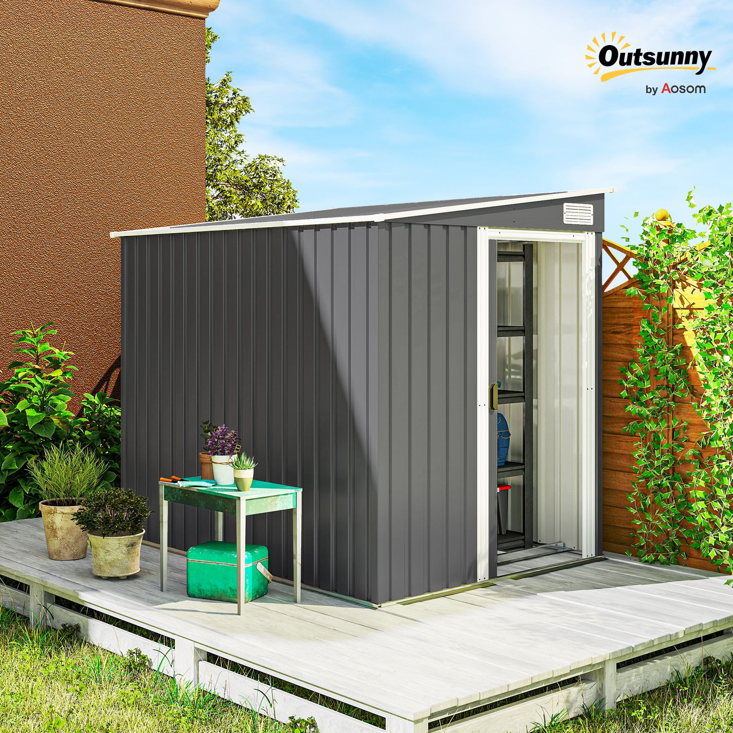 7 x 5FT Galvanised Metal Garden Shed with Foundation, Lean to Shed, Tool Storage House with Sliding Doors, 2 Vents, Adjustable Shelves and Hooks, Dark Grey