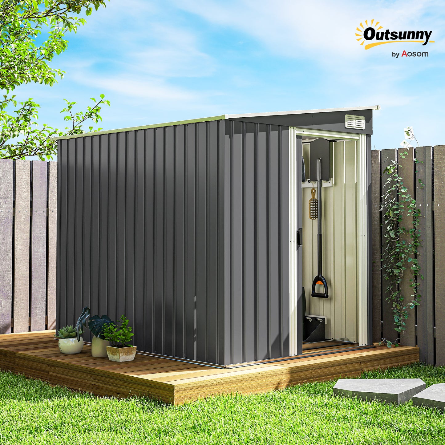 7 x 5FT Galvanised Metal Garden Shed with Foundation, Lean to Shed, Tool Storage House with Sliding Doors, 2 Vents, Adjustable Shelves and Hooks, Dark Grey