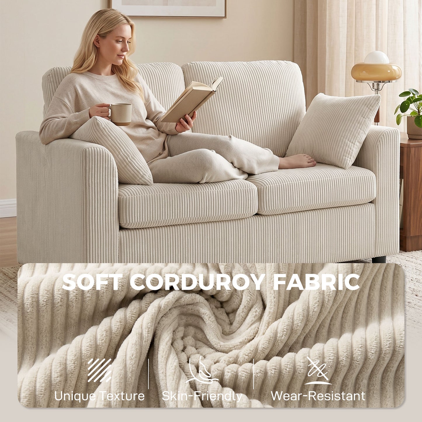 2 Seater Sofa, Corduroy Small Couch with Spring Cushion, Beige