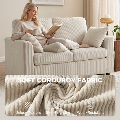 2 Seater Sofa, Corduroy Small Couch with Spring Cushion, Beige