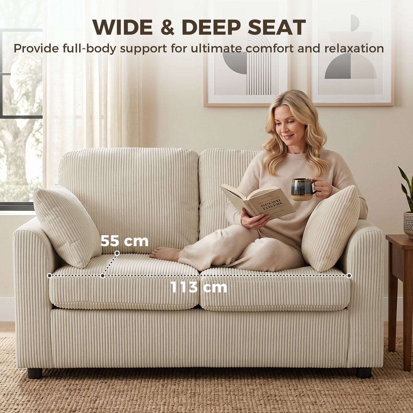 2 Seater Sofa, Corduroy Small Couch with Spring Cushion, Beige
