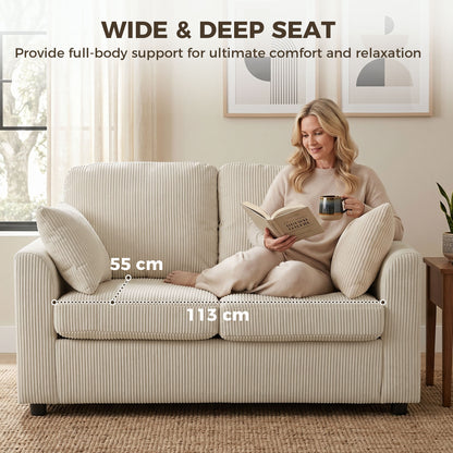2 Seater Sofa, Corduroy Small Couch with Spring Cushion, Beige