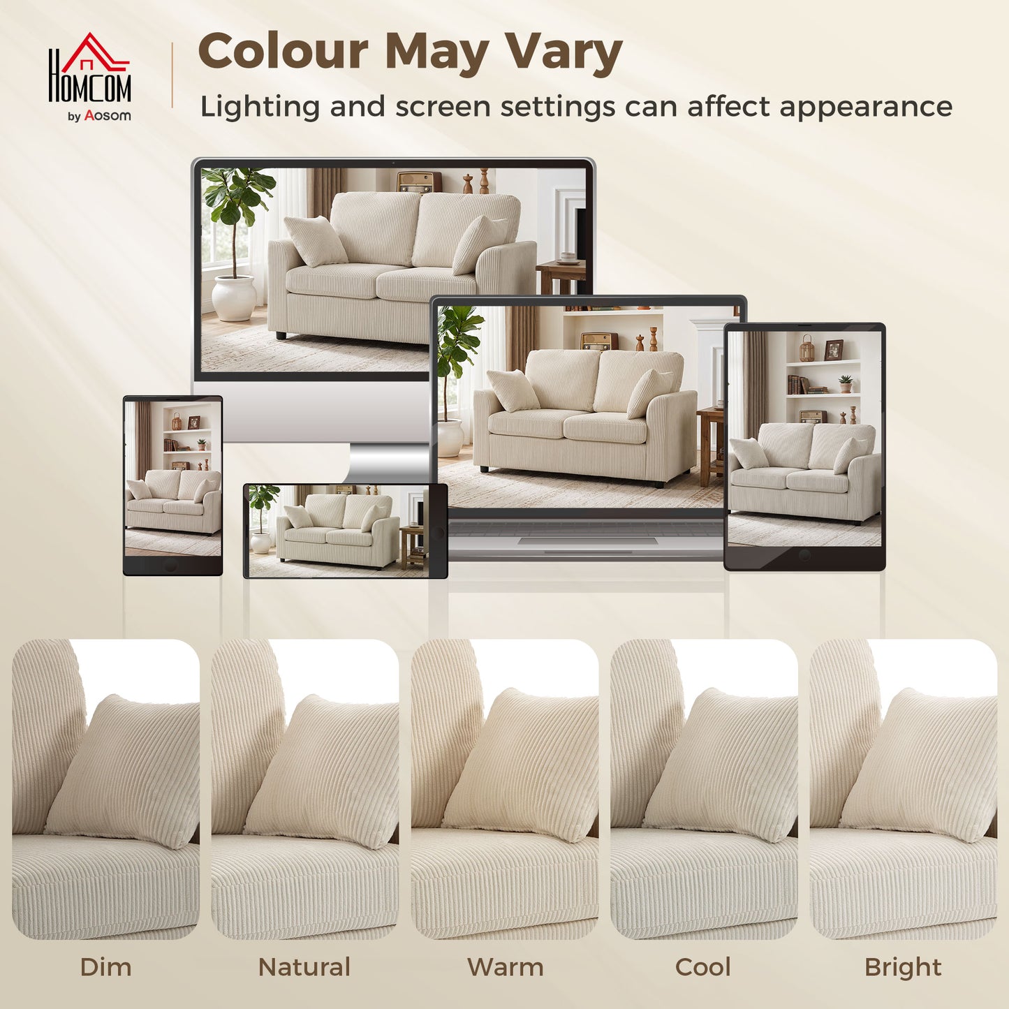 2 Seater Sofa, Corduroy Small Couch with Spring Cushion, Beige
