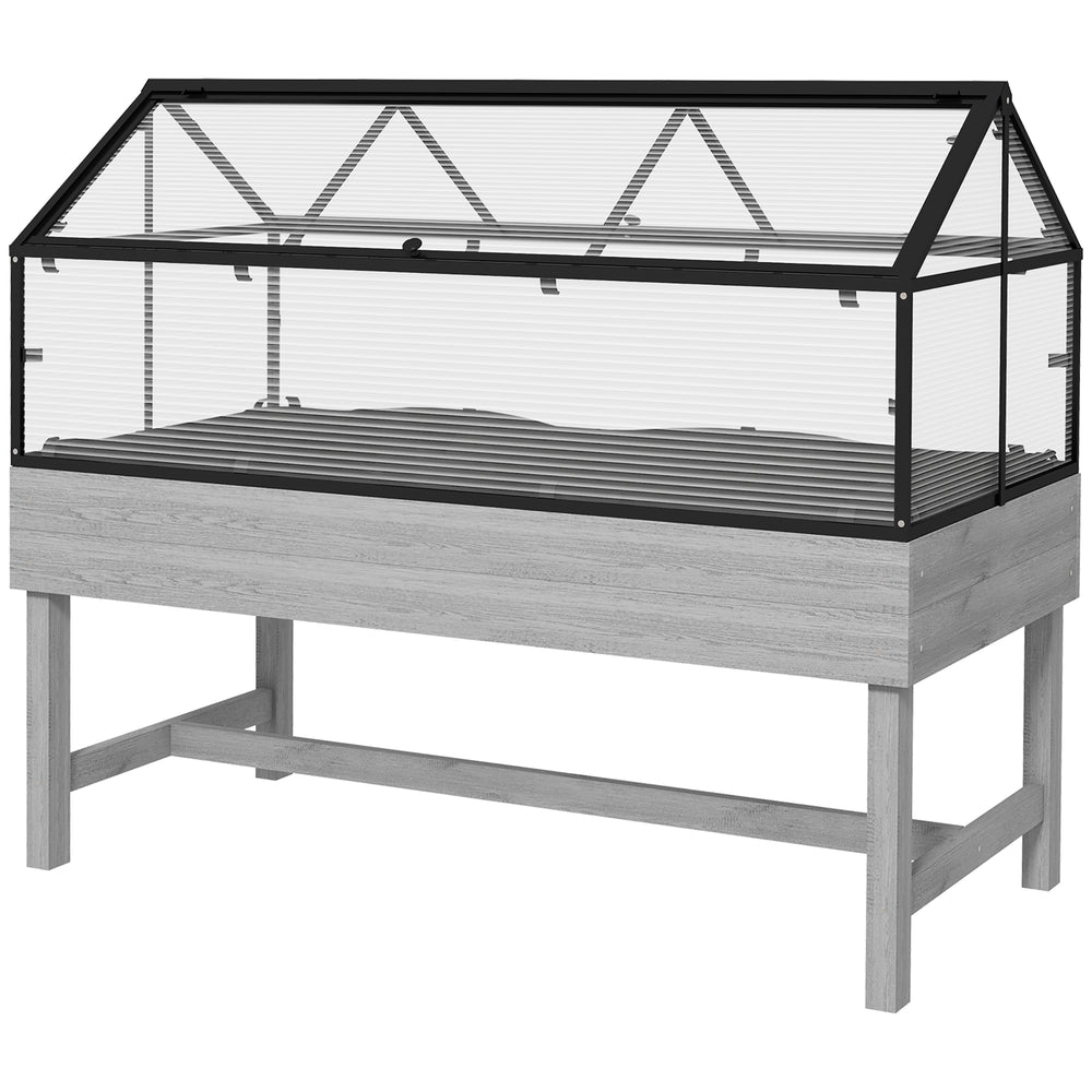 Elevated Wood Planter with Mini Greenhouse Raised Garden Bed with PC Panel Top Vent 120 x 60 x 103cm Distressed Grey