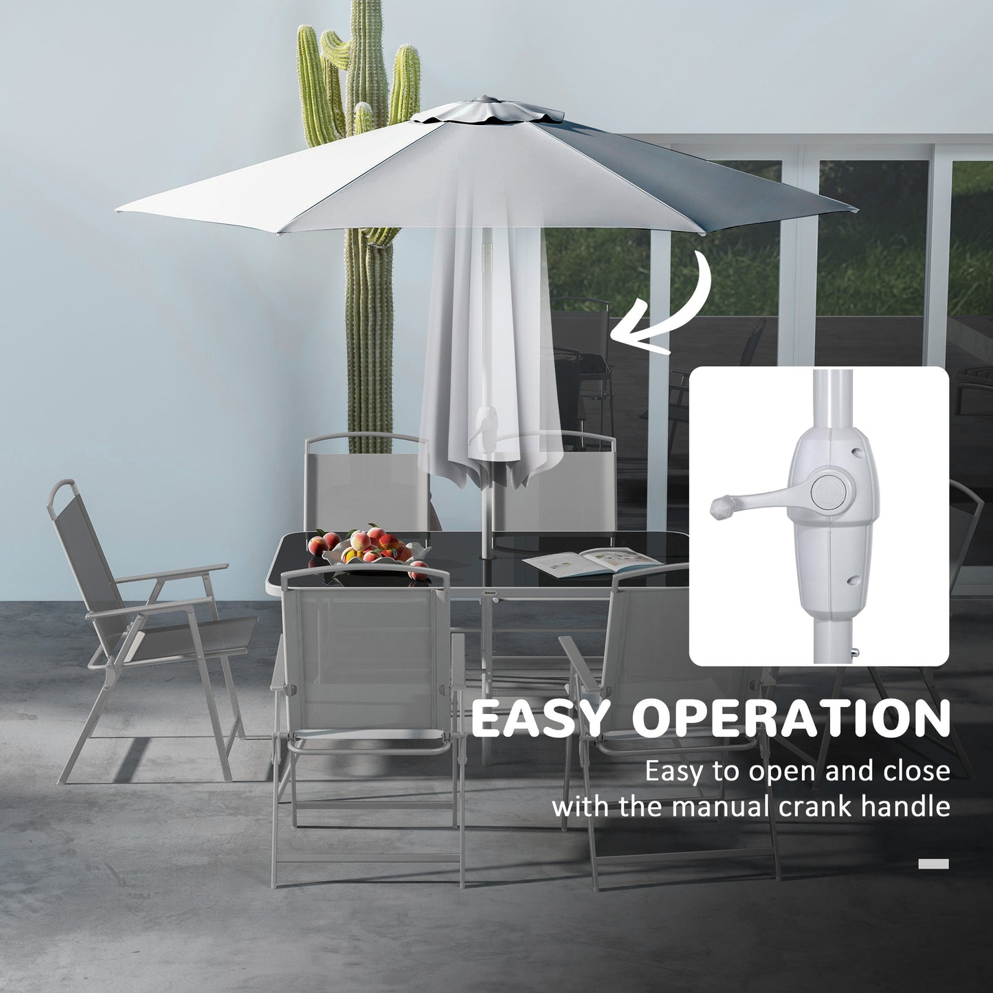 8 Pcs Garden Table and Chairs with Parasol Tempered Glass Top Grey