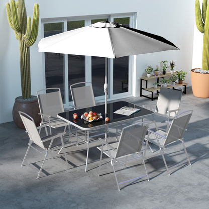 8 Pcs Garden Table and Chairs with Parasol Tempered Glass Top Grey