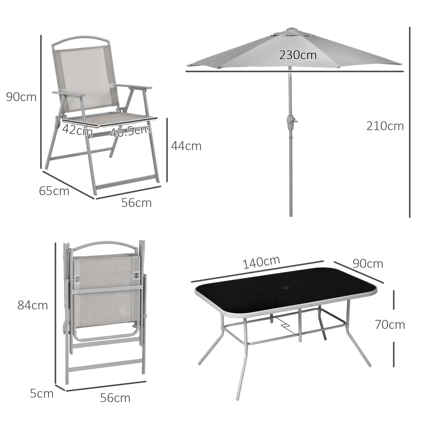 8 Pcs Garden Table and Chairs with Parasol Tempered Glass Top Grey