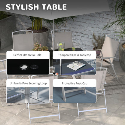 8 Pcs Garden Table and Chairs with Parasol Tempered Glass Top Grey