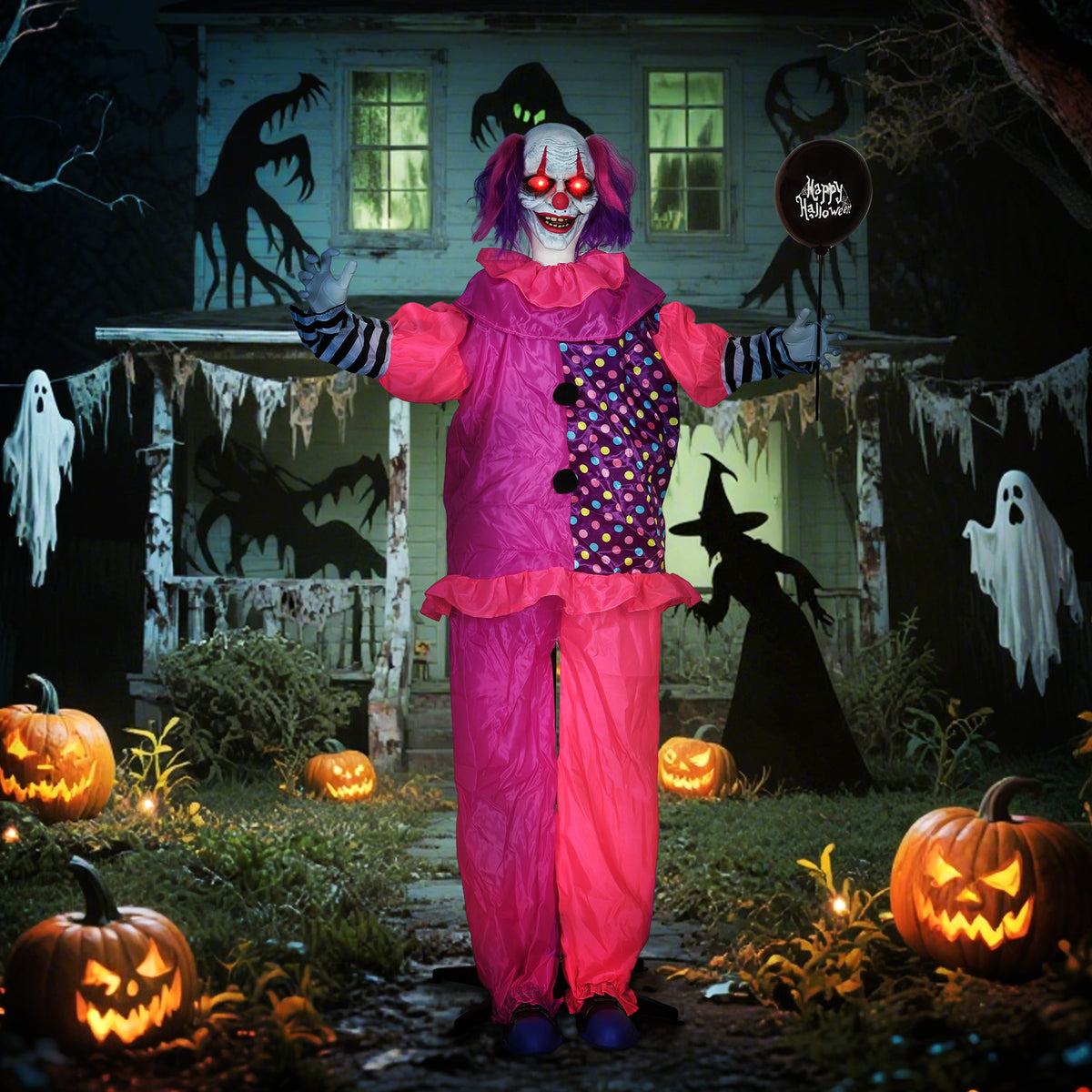 Sound Activated Halloween Animatronics Clown with Red Light Up Eyes