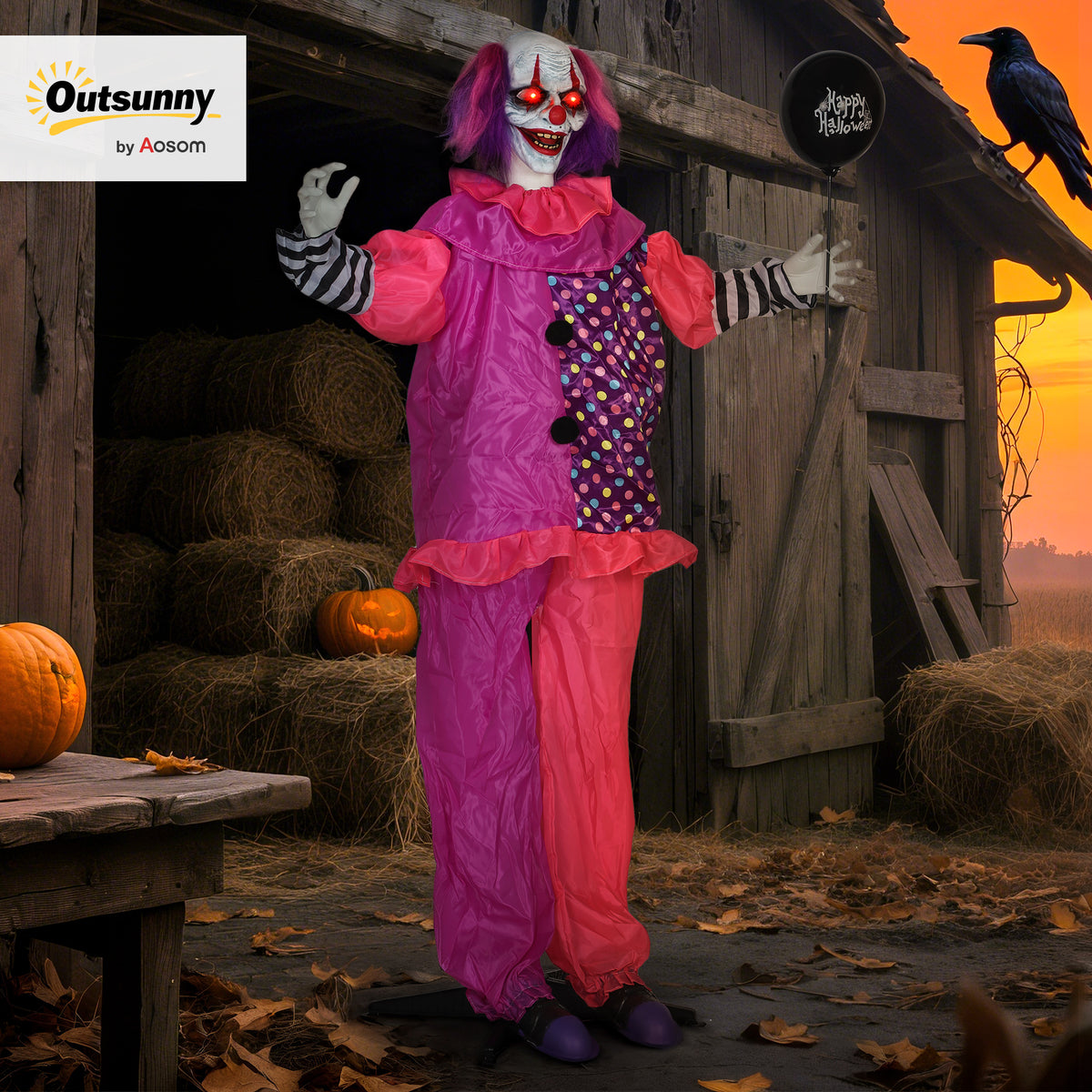 Sound Activated Halloween Animatronics Clown with Red Light Up Eyes