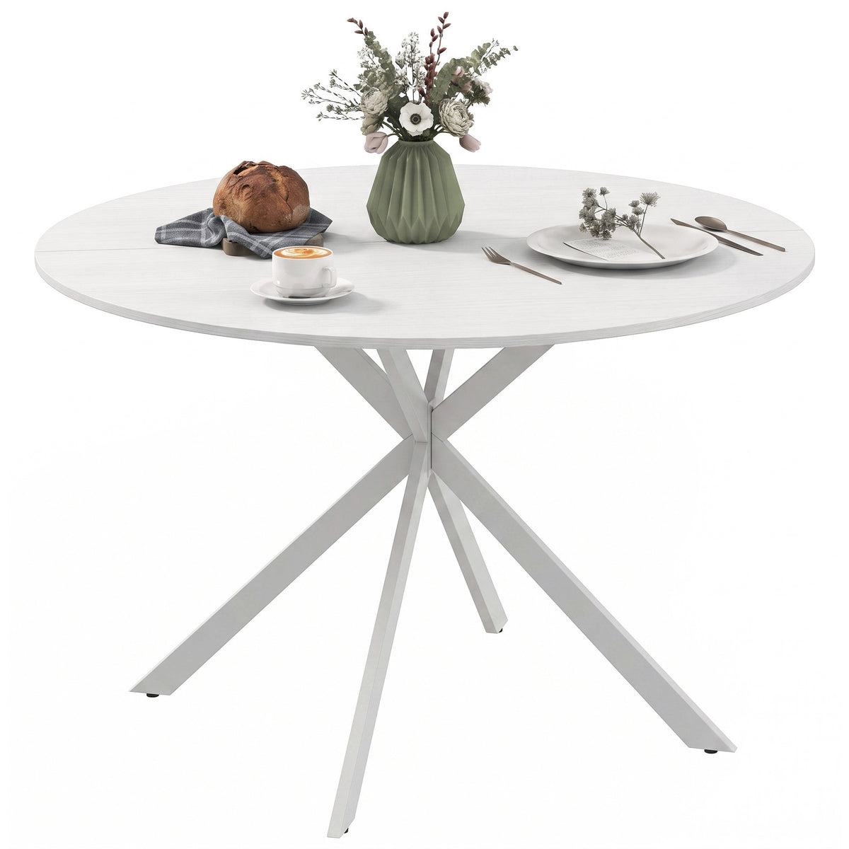 Round Wood-Effect Dining Table for 4 with Steel Cross Legs - White