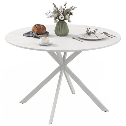 Round Wood-Effect Dining Table for 4 with Steel Cross Legs - White