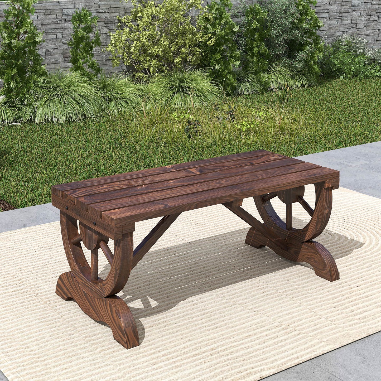 Wooden Wheel Bench Rustic Outdoor Patio Garden Seat 2-Person Brown